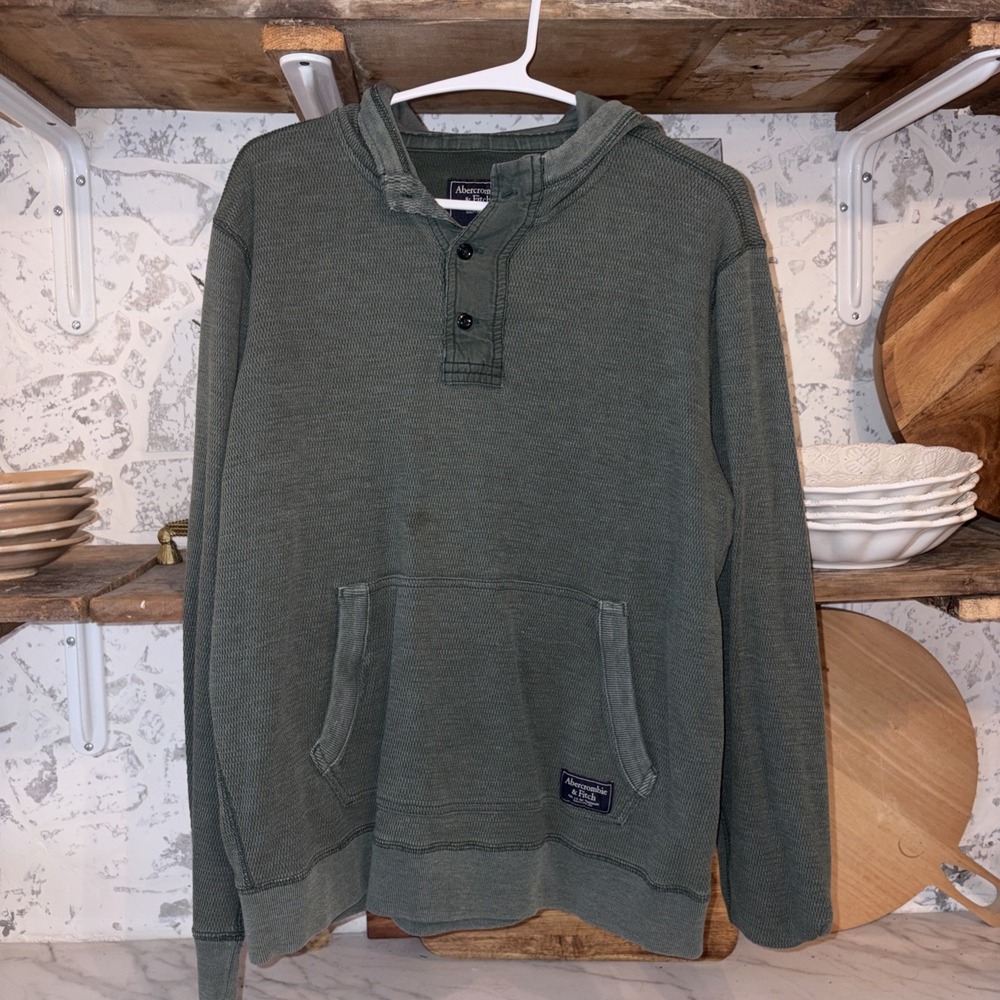Abercrombie Fitch Green Waffle Knit Henley Pullover Hoodie Sweatshirt Unisex M